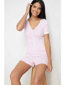 Trendyol Pink Cotton Striped Corded Knitted Pajamas Set