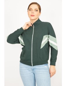 Şans Women's Colorful Large Size 2 Thread Fabric Front Zipper and Stripe Detailed Sweatshirt