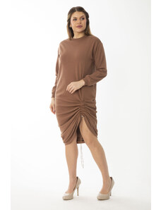 Şans Women's Plus Size Camel Skirt Elastic Gathered Sweatshirt Dress