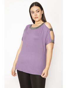 Şans Women's Plus Size Purple One Shoulder And Collar Silvery Detailed Blouse