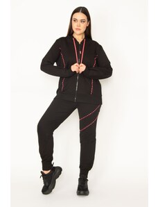 Şans Women's Plus Size Colorful Zipper And Hood Detailed Sweatshirt Trousers Tracksuit Set