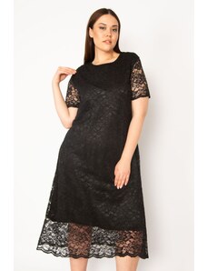 Şans Women's Plus Size Black Lined Lace Evening Dress