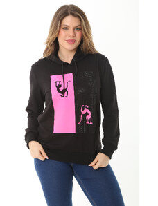Şans Women's Plus Size Pink Stones And Print Detailed Hooded Sweatshirt