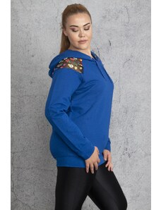 Şans Women's Large Size Sax With Sequin Detail Hooded Sweatshirt