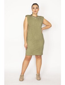 Şans Women's Plus Size Green Cotton Fabric With Padded Shoulders Sports Dress