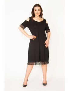 Şans Women's Large Size Black Off-Shoulder Lace Dress