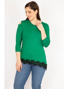 Şans Women's Green Plus Size One Shoulder Decollete Lace Hem Blouse
