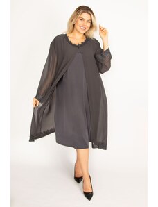 Şans Women's Plus Size Smoked Chiffon Cape Lace Detailed Evening Dress