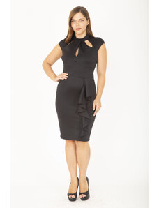 Şans Women's Plus Size Black Scuba Fabric Collar And Waist Detailed Evening Dress