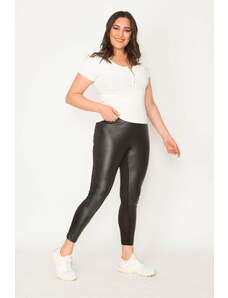 Şans Women's Large Size Black Faux Leather Coated Back Viscose Fabric Leggings Trousers