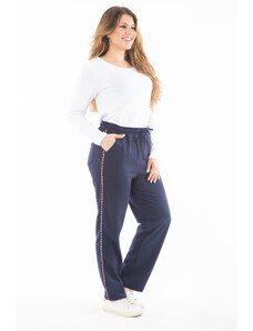 Şans Women's Plus Size Navy Blue Piping Detailed Pocket Tracksuit Bottom