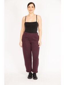 Şans Women's Burgundy Large Size Iron Print Grass Stitching Elastic Waist Side Pocket Trousers