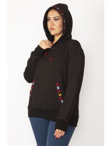 Şans Women's Plus Size Black Hooded Embroidery Detail Kangaroo Pocket Sweatshirt