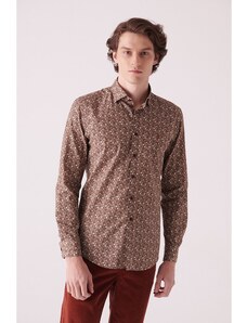 Avva Men's Brown Abstract Patterned 100% Cotton Slim Fit Slim Fit Shirt