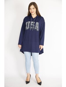Şans Women's Navy Blue Plus Size Sequin Detail Hooded Long Back Sweatshirt