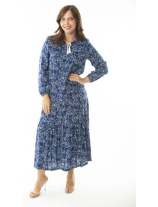 Şans Women's Plus Size Blue Weave Viscose Fabric Multilayer Long Sleeve Dress