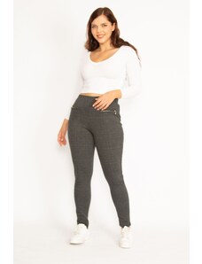 Şans Women's Plus Size Smoked Checkered Plaid Patterned Zipper Pocket Leggings