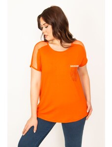 Şans Women's Plus Size Orange Shoulders Tulle And Ornament Pocket Stone Detailed Low Sleeve Viscose Blouse
