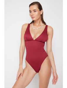 Trendyol Burgundy V Neck Textured Regular Swimsuit