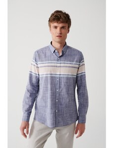 Avva Men's Navy Blue Buttoned Collar 100% Cotton Linen Look Board Pattern Slim Fit Slim Fit Shirt