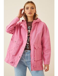 Happiness İstanbul Women's Pink Hooded Oversize Gabardine Coat RV0009