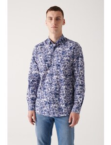Avva Men's Navy Blue Abstract Patterned 100% Cotton Slim Fit Slim Fit Shirt