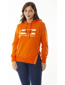 Şans Women's Plus Size Orange Stones And Print Detailed Hooded Sweatshirt with Side Slits