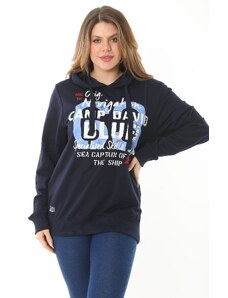 Şans Women's Large Size Navy Blue Two Thread Front Printed Hooded Sweatshirt