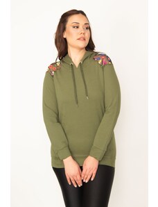 Şans Women's Plus Size Khaki Sequin Detail Hooded Sweatshirt