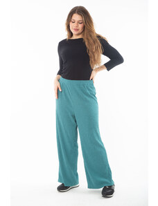 Şans Women's Plus Size Green Elastic Waist Wide Leg Crepe Trousers