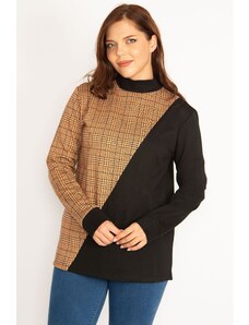 Şans Women's Plus Size Brown Checkered Sweatshirt