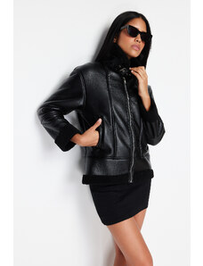 Trendyol Black Plush Detailed Faux Leather Coat