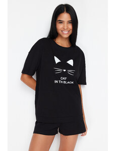 Trendyol Black Cat Printed Wide Fit Knitted Pajamas Set