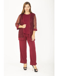 Şans Women's Plus Size Claret Red Lace Cardigan Set, 3 Pieces With Blouse And Pants