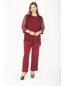 Şans Women's Plus Size Claret Red Lace Cardigan Set, 3 Pieces With Blouse And Pants