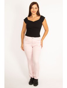 Şans Women's Large Size Pink Lycra Gabardine Fabric Side Belt Elastic 5 Pocket Trousers