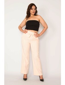 Şans Women's Plus Size Pink Trousers with a Tie Waist Belt and Concealed Zippers