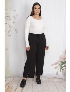 Şans Women's Plus Size Black Grass Stitching Slit Elastic Waist Trousers