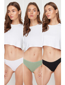 Trendyol Black-White-Mint 3-Pack Cotton Lace Detail Classic Knitted Briefs