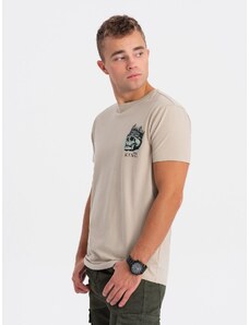 Ombre Clothing Pánské bavlněné tričko s potiskem na hrudi - béžové V1 OM-TSPT-0167