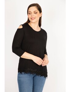 Şans Women's Black Plus Size One Shoulder Decollete Lace Hem Blouse