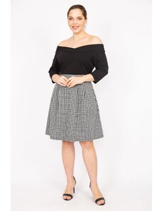 Şans Women's Black Plus Size Collar Detailed Skirt Crowbarn Patterned Belted Dress