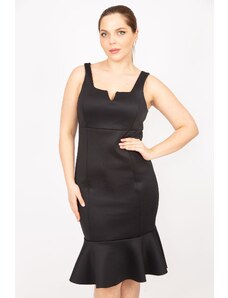 Şans Women's Black Plus Size Skirt Flounced Collar Detailed Dress