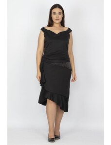 Şans Women's Plus Size Black Dress With Waist And Skirt Detail