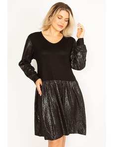 Şans Women's Plus Size Black Viscose Dress With Lacquered Skirt And Sleeves