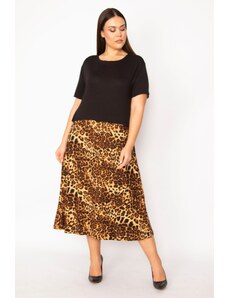 Şans Women's Plus Size Brown Skirt Patterned Layered Dress