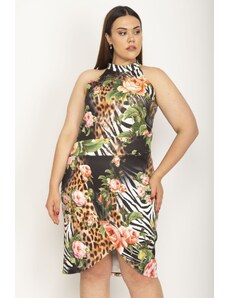 Şans Women's Large Size Colorful Halter Collar Skirt Closed Wrap Floral Print Dress