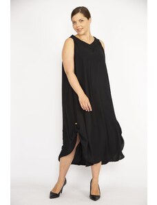 Şans Women's Black Plus Size Aerobin Fabric Hem Epaulette Sleeveless Long Dress
