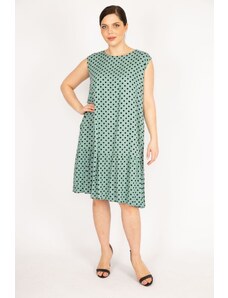 Şans Women's Green Plus Size Point Pattern Woven Viscose Fabric Layered Dress