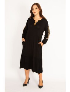 Şans Women's Plus Size Black Embroidery And Pocket Detailed A Layered Long Sleeve Dress With A Skirt